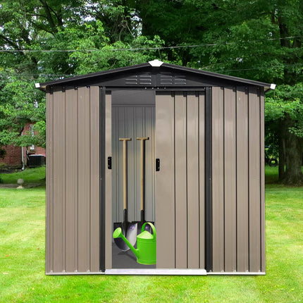 6 x 4 ft Outdoor Storage Shed, All Weather Metal Sheds with Metal Foundation & Lockable Sliding Doors, Tool Sheds for Garden, Patio, Backyard, Lawn, Brown