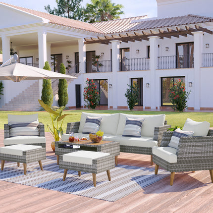 Patio Furniture 6 Piece with Thickened Cushions Outdoor All Weather Wicker Sectional Sofa Sets for Garden Backyard, Grey