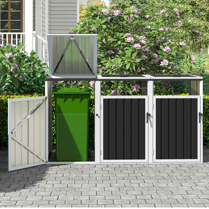 Outdoor Trash Can Storage Shed for 3 Trash Bins, 2.69'D×7.28'W Metal Garbage Can Storage Shed, Outdoor Trash Can Shed, Waterproof Garbage Bin Storage Shed for Garden Backyard Patio Lawn
