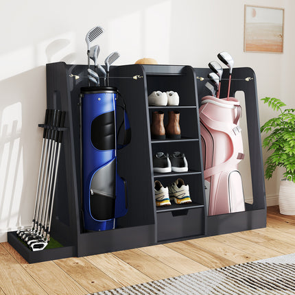 Wooden Golf Bag Organizer and Storage Rack, Golf Storage Organizer for Garage, Golf Bag storage Rack, Holds 2 Golf Bags and Other Golfing Equipment, Suitable for Garage Home Golf Club