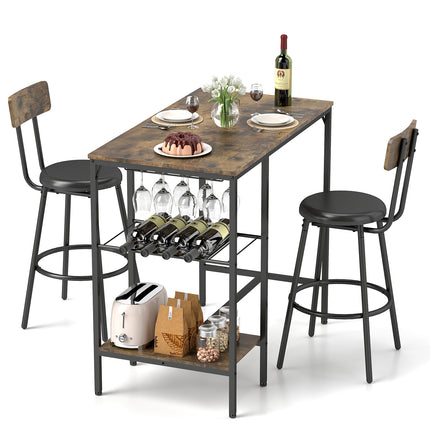 3-Piece Pub Dining Table Set, Counter Height Dining Set, Modern Versatile Bar Table Set with Storage Shelf, Wine Rack & Wine Glasses Holder, for Kitchen - Brown