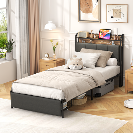 LED Twin Bed Frame with Charging Station, Twin Size Platform Bed with RGB LED Lights, 2 Tier Storage Headboard, Unique Heave Duty Metal Round Bar, No Box Spring Needed, Grey