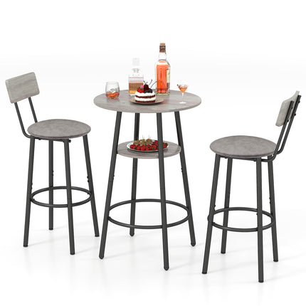 3 Pieces Round Bar Table Set, Small Dining Table for 2, Breakfast Table with Storage, Modern Kitchen Bar Table, 2 Upholstered Stools with Backrest for Kitchen, Dining Room & Bistro-Grey