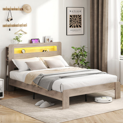 Wood Queen Bed Frame with Headboard, LED Lights, Charging Station with 2 USB Ports & 2 AC Outlets, Sturdy Wood Framework, Noiseless, Gray (Rectangular Slot)