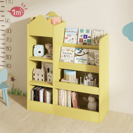4 Tier Kids Bookshelf and Toy Storage, Wooden Children Bookshelf, Toy Storage with Bookshelf for Playroom, Classroom, Bedroom, Library, Yellow