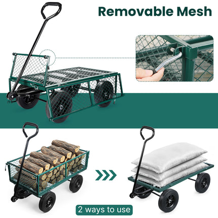Zevemomo Steel Garden Cart, 660 lbs Capacity Heavy Duty Garden Wagons, Utility Metal Wagon with 180° Rotating Handle and Removable Steel Mesh Sides, Metal Wagon for Garden, Farm, Yard - Green