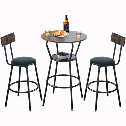 3-Piece Round Bar Table and Chair Set, Small Dining Table for 2, Breakfast Table with 2 Upholstered Stools, Modern Kitchen Bar Table, for Kitchen, Dining Room & Bistro-Rustic Brown