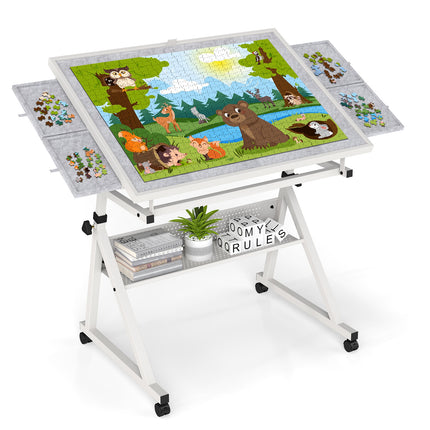 1500-Piece Puzzle Desk Table, Puzzle Desk Board with 4 Drawers, Metal Puzzle Tilting Table with Cover & 4 Universal Wheels, Adjustable Angle & Height Puzzles Gift for Puzzle Lovers-White