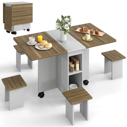 5-Piece Folding Dining Table Set for 4, Foldable Dining Table with 4 Stools, Extendable Kitchen Table with Storage and 6 Wheels, Space Saving Dining Table with Chairs, Brown Gray