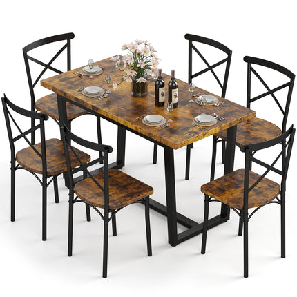 7-Piece Dining Table with Chairs Set, Rectangular Metal Frame Table with 6 Chairs, Modern Table Furniture Set for Kitchen, Dining Room and Living Room, Brown