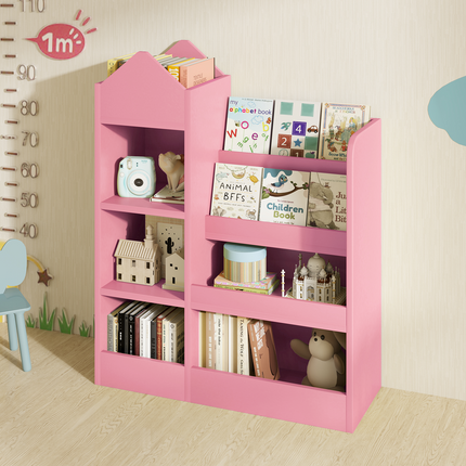 4 Tier Kids Bookshelf and Toy Storage, Wooden Children Bookshelf, Toy Storage with Bookshelf for Playroom, Classroom, Bedroom, Library, Pink