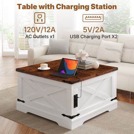Farmhouse Lift Top Coffee Table with Storage, 31.5" Square Coffee Tables with Built-in Charging Station & Hidden Storage Compartment, Living Room Coffee Table w/Lifting Top & Flip-Top Lid