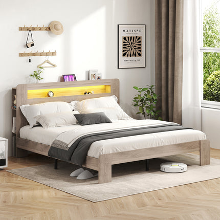 Wood King Bed Frame with Headboard, LED Lights, Charging Station with 2 USB Ports & 2 AC Outlets, Sturdy Wood Framework, Noiseless, Gray (Rectangular Slot)