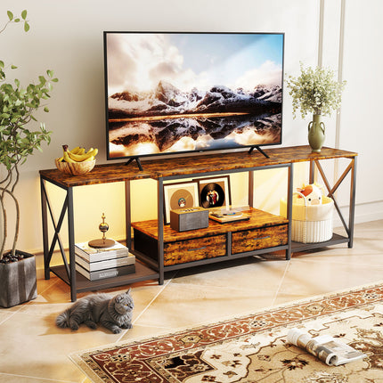 LED TV Stand, TV Stands for 55/60/75 Inch TV, Console Tables with LED Strip Lights, Entertainment Center with 4 AC Outlets & 2 USB Ports, Open Storage Shelves for Living Room,Bedroom-Brown