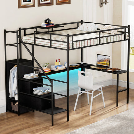 Full Size Loft Bed with L-Shaped Desk, Metal Loft Bed Frame with LED Lights, Charging Station, Wardrobe and Storage Stairs, Space Saving, Black