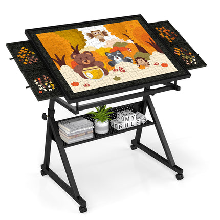 1500-Piece Puzzle Desk Table, Puzzle Desk Board with 4 Drawers, Metal Puzzle Tilting Table with Cover & 4 Universal Wheels, Adjustable Puzzles with Storage Space for Puzzle Lovers-Black
