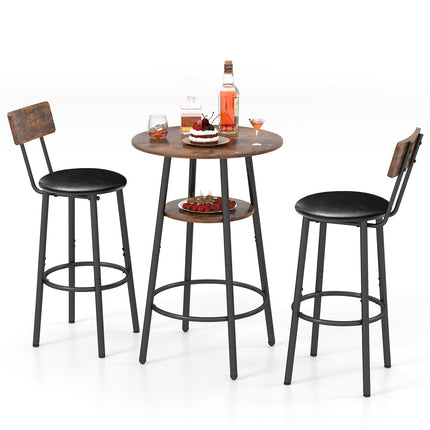 3 Pieces Round Bar Table and Chair Set, Small Dining Table for 2, Breakfast Table with Storage, Modern Kitchen Bar Table, 2 Upholstered Stools with Backrest for Dining Room & Bistro-Brown