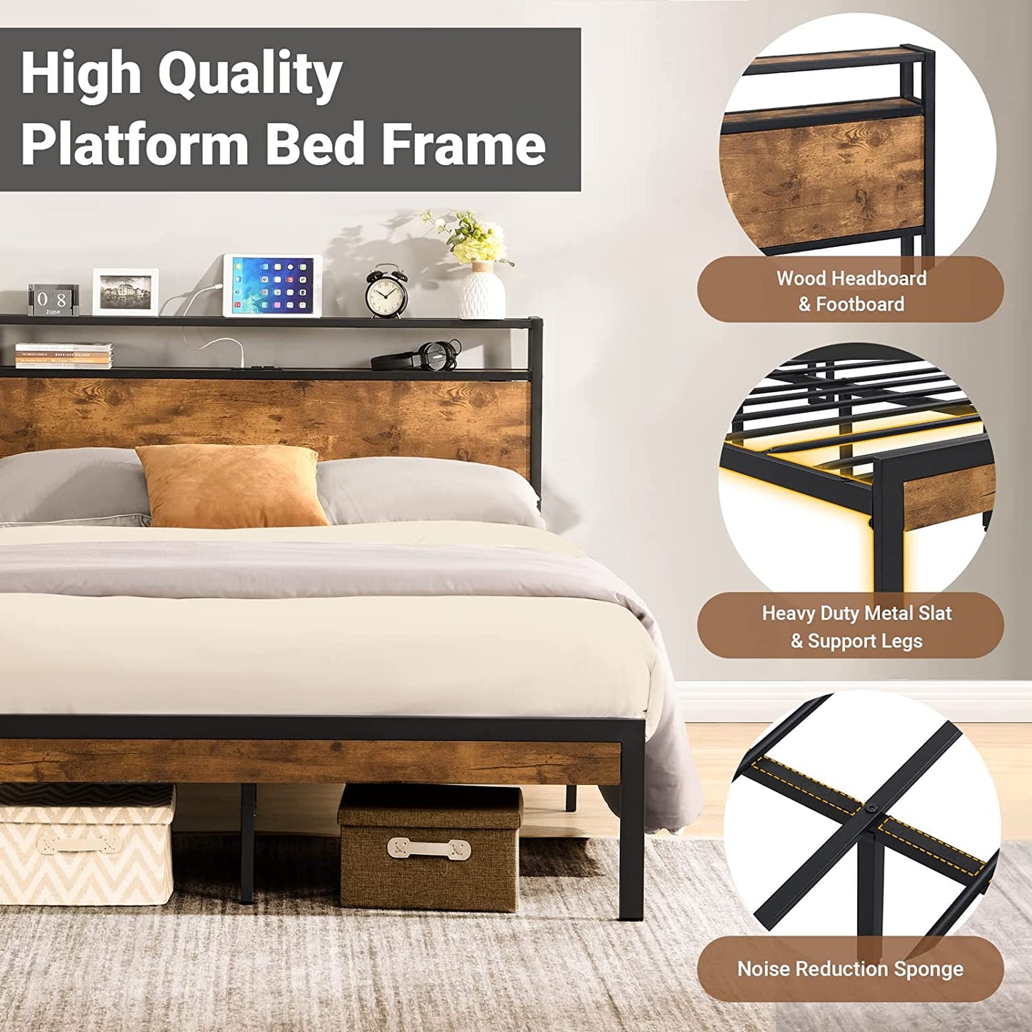 Zevemomo Full Bed Frame, Full Size Metal Platform Bed Frame with 2-Tier Storage Wood Headboard and Power Outlets, USB Ports Charging Station/No Box Spring Needed/Noise-Free/Easy Assembly/Brown