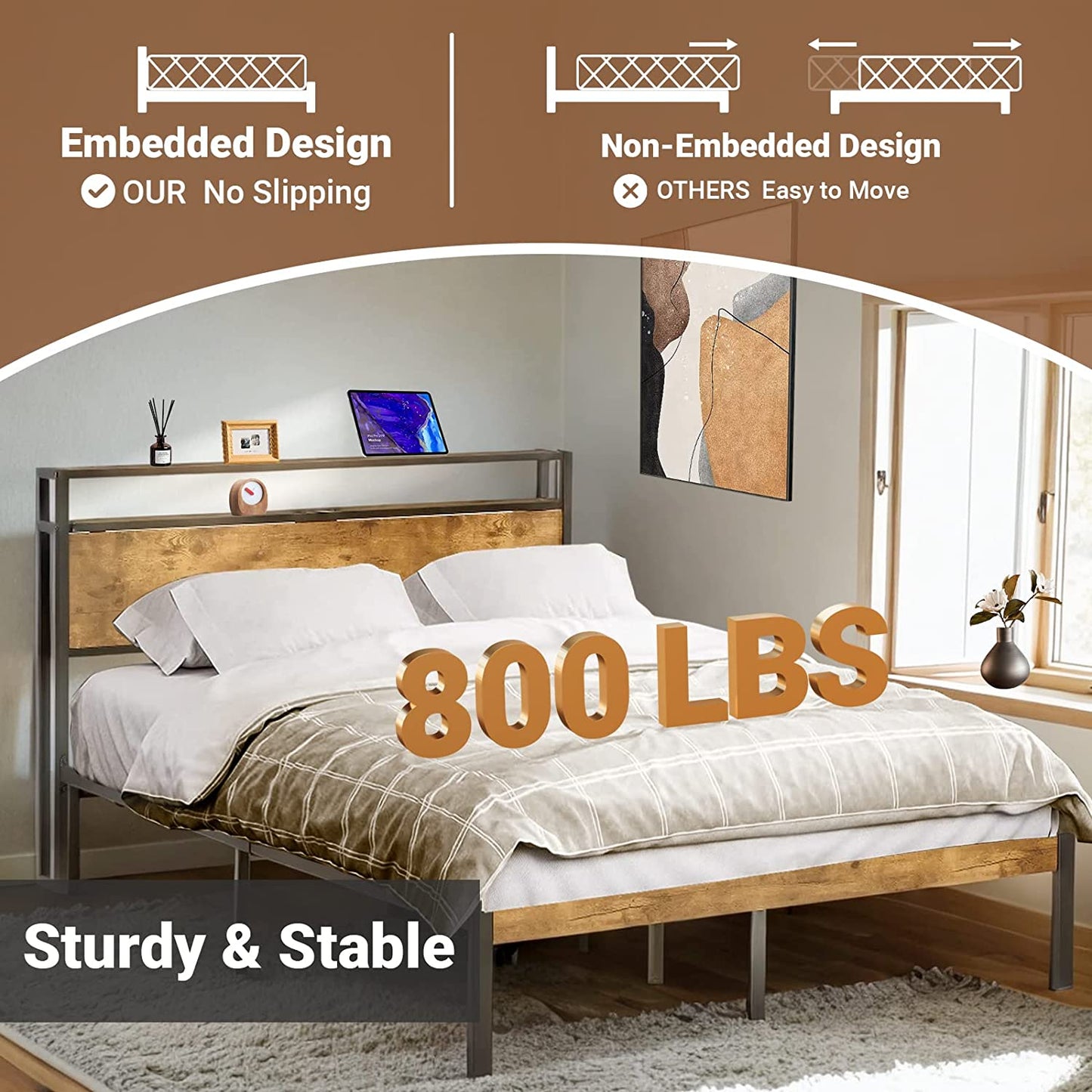 Zevemomo Queen Bed Frame, Queen Size Metal Platform Bed Frame with 2-Tier Storage Wood Headboard and Power Outlets, USB Ports Charging Station/No Box Spring Needed/Noise-Free/Easy Assembly/Brown
