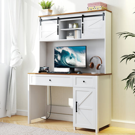 47" Executive Desk, White Computer Desk with Storage, Home Office Desks with 3 File Cabinet Storages & 2 Sliding Drawers, Built-in Charging Station for Office,Bedroom,Study Room-White