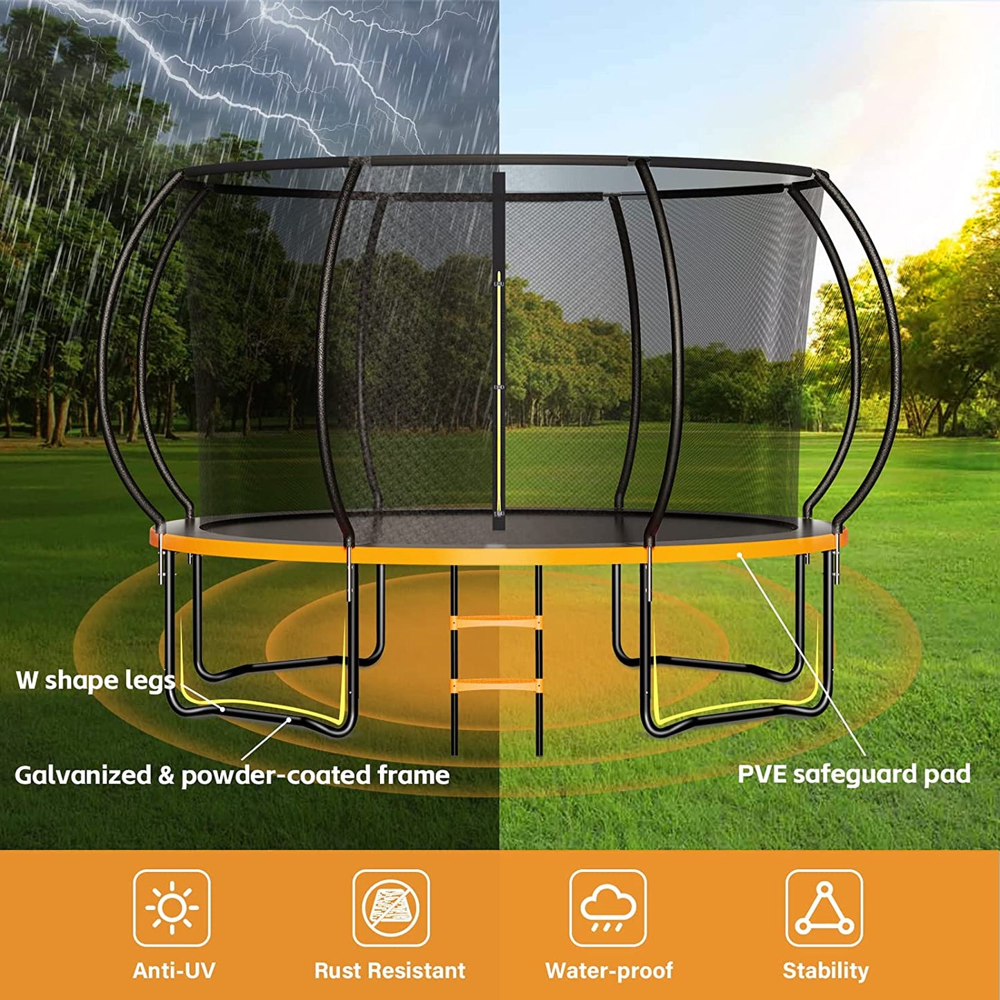 Zevemomo Outdoor Trampoline for Kids and Adults, 12FT 14FT 15FT 16FT Trampoline with Curved Poles Reinforced Enclosure, Recreational Trampolines with Ladder & Enclosure Net