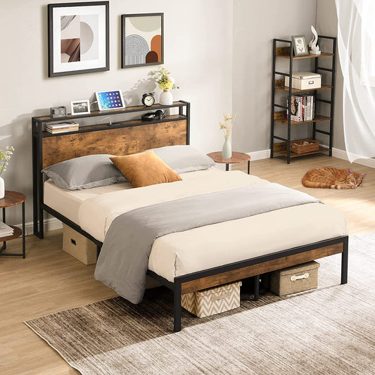 Zevemomo Queen Bed Frame, Queen Size Metal Platform Bed Frame with 2-Tier Storage Wood Headboard and Power Outlets, USB Ports Charging Station/No Box Spring Needed/Noise-Free/Easy Assembly/Brown