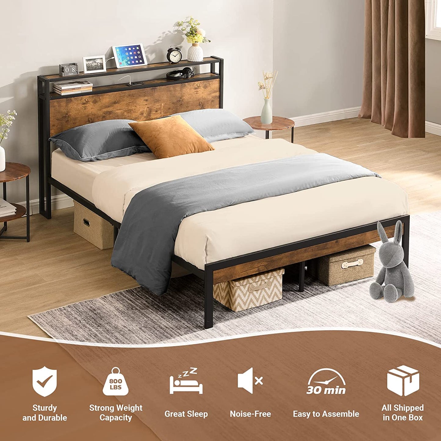 Zevemomo Full Bed Frame, Full Size Metal Platform Bed Frame with 2-Tier Storage Wood Headboard and Power Outlets, USB Ports Charging Station/No Box Spring Needed/Noise-Free/Easy Assembly/Brown