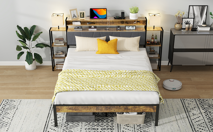 Queen Bed Frame with Storage, Queen Size Bed Frame with LED Lights & Charging Station, Dark Gray Velvet Headboard with 4-Tier Side Shelves, Heavy Duty Metal Slats, Noiseless, Rustic Brown