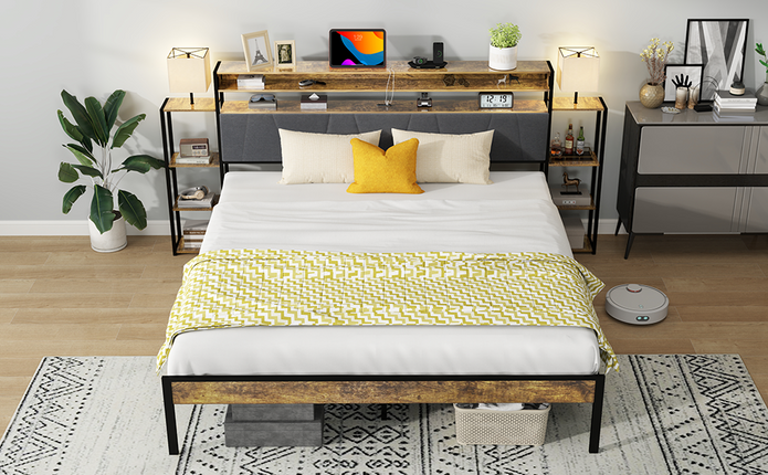 King Bed Frame with Storage, King Size Bed Frame with LED Lights & Charging Station, Dark Gray Velvet Headboard with 4-Tier Side Shelves, Heavy Duty Metal Slats, Noiseless, Rustic Brown