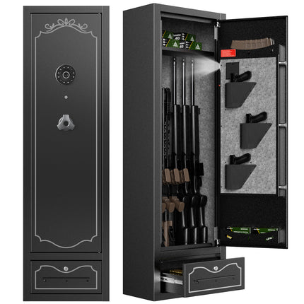 8 Gun Safes, Rifle Safe Long Gun Safe for Home, Quick & Easy Access Gun Cabinets for Home Rifle and Pistols with LED Light & Drawer, Electronic Lock