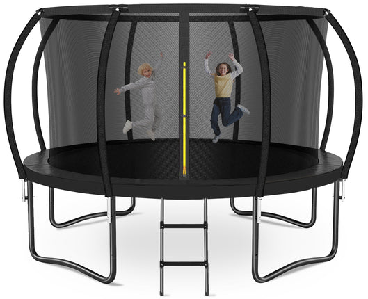 12FT/14FT Trampoline with Safety Net & Ladder, ASTM Approved. Outdoor pumpkin Trampoline for Kids & Adults with Coating Metal Frame, black