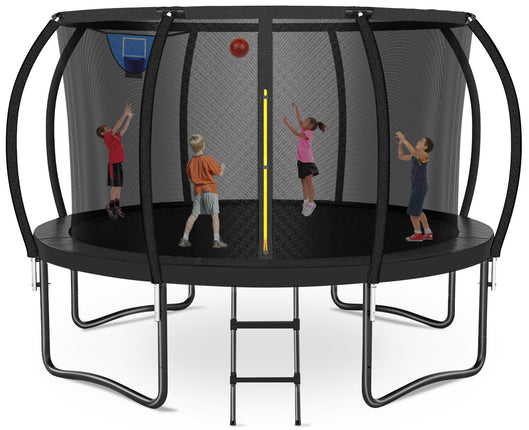 12FT /14FT Trampoline with Safety Net, Ladder & Hoop. ASTM Approved, Outdoor Pumpkin Trampoline for Kids & Adults, Black