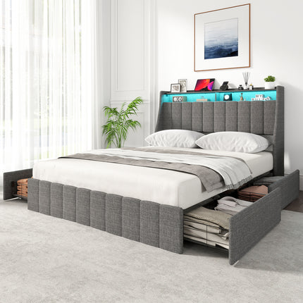 Full Size Bed Frame with Storage, Full Bed Frame with 4 Storage Drawers, Upholstered Wingback Headboard, Full Platform Bed Frame with LED Lights, Light Grey