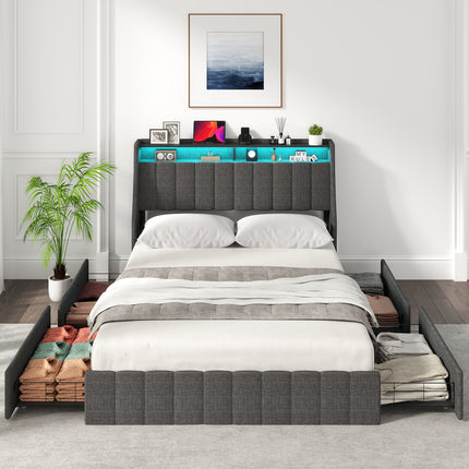 Full Bed Frame with 4 Storage Drawers & Adjustable LED Light, Upholstered Platform Bed Frame Full Size with Storage Wingback Headboard, Easy Assembly, Dark Grey