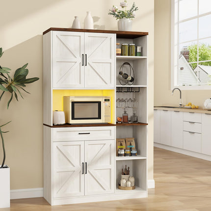 Kitchen Pantry Storage Cabinet with LED Lights and Charging Station, 71" Tall Kitchen Hutch Buffet Cabinet with Door Glass Holder and Drawers, Freestanding Wood Cupboard (Antique White)