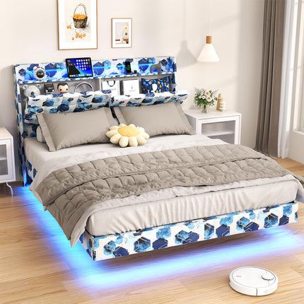 Floating Queen Bed Frame with Storage, Upholstered Platform Bed Frame Queen with LED Lights, Floating Bed Frame with Headboard, Charging Station with USB Ports, No Noise, Blue