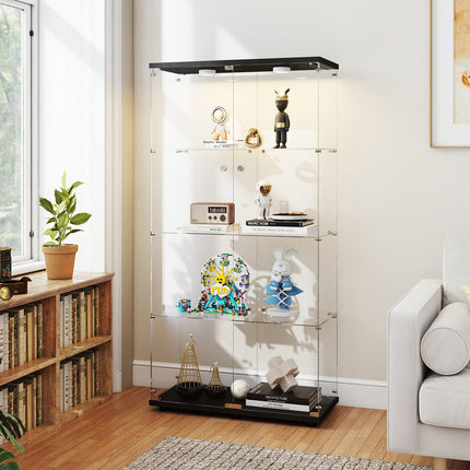 Tempered Glass Display Cabinet with Lights, 4-Tier Curio Cabinet with Glass Doors and Lock, Glass Display Case for Collectibles, for Living Room, Bedroom, Office, Black, Double Door