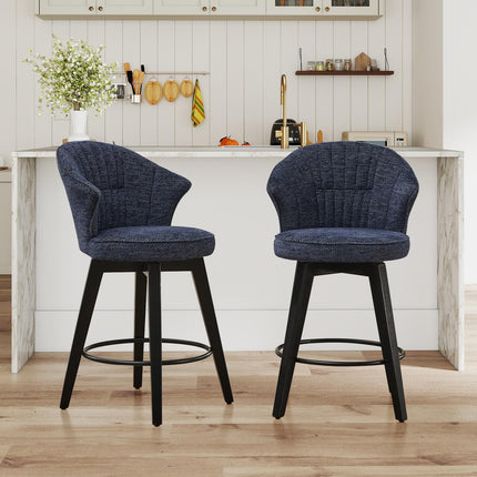 Bar Stools Set of 2, 25" Counter Height Stools, 360° Swivel Bar Stools, Stools for Kitchen Counter, Barstools Set of 2 with Wood Legs & Chenille Upholstery for Pub & Dining Room-Blue