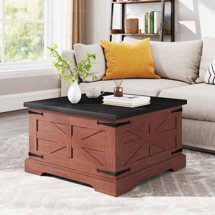 Farmhouse Coffee Table with Hidden Storage Compartment, Square Wood Coffee Tables for Living Room with Dual Flip-Top Lids, Farmhouse Storage Coffee Table with Hinged Lifting Brown Black Top