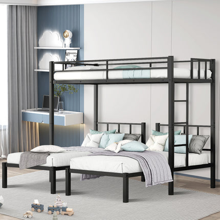 Twin Over Twin & Twin XL Bunk Bed, Metal Triple Bed with Full-Length Guardrail and Ladder, Convertible 3 Beds, No Boxing Spring Needed, Black