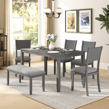 6-Piece Wooden Dining Set, Dining Table & Chair Set for 6, Includes Dining Table, 4 Upholstered Chairs & 1 Bench, Solid Dining Table with Wood Legs, Table Set for Dining Room, Kitchen, Grey