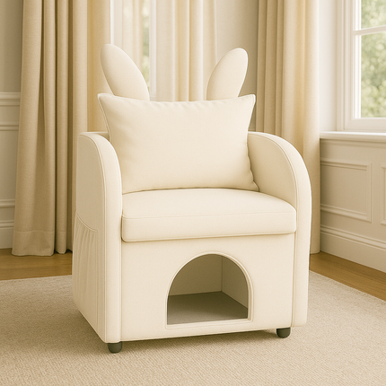 Beige Bunny-Ear Pet-Friendly Armchair with Built-in Cat & Dog Hideaway, Cozy Dual-Use Sofa Chair with Side Pocket, 27.4 x 25.2 x 37.4 inch