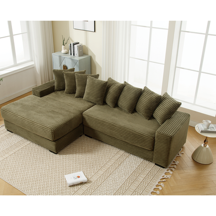 Oversized Two-Piece Couches, L Shaped Sofa, Corduroy, Left Chaise Daybed,with Armrests,Eight Throw Pillows,Corner Sofa,Easy To Assemble, Green