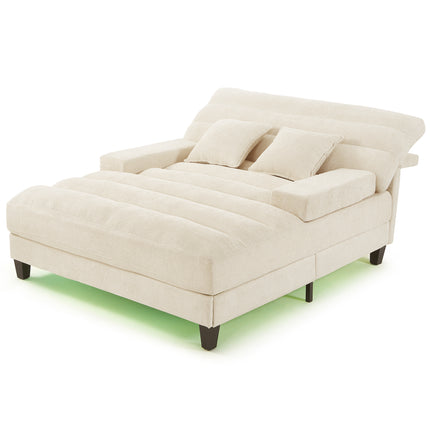 Modern Chaise Lounge Sofa 57.1" Sofa Bed Chenille Upholstered Lounge Sofa Chair with Adjustable Backrest and LED Light Strip for Living Room, Beige