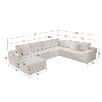 137.8*104.3"Modular sectional sofa seat,Upholstered compressed couch for living room,Bedroom,Apartment,No assembly required,4 PC free combination,Plush corduroy fabric,WHITE