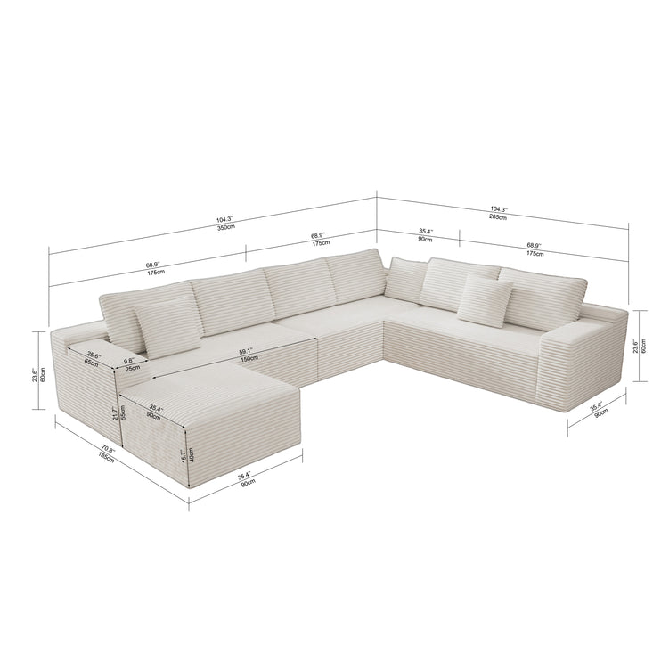 137.8*104.3"Modular sectional sofa seat,Upholstered compressed couch for living room,Bedroom,Apartment,No assembly required,4 PC free combination,Plush corduroy fabric,WHITE