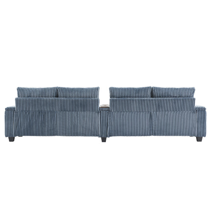 4-seater Corduroy Sofa Couch 133" Modern Sofa with USB Ports, Hidden Storage Arms, Flip-Top Cup Holders for Living Room, Blue