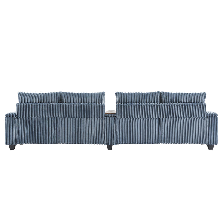 4-seater Corduroy Sofa Couch 133" Modern Sofa with USB Ports, Hidden Storage Arms, Flip-Top Cup Holders for Living Room, Blue