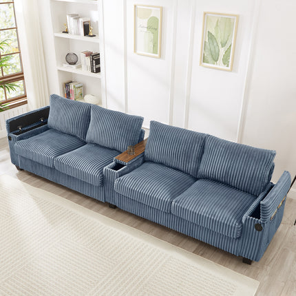 4-seater Corduroy Sofa Couch 133" Modern Sofa with USB Ports, Hidden Storage Arms, Flip-Top Cup Holders for Living Room, Blue