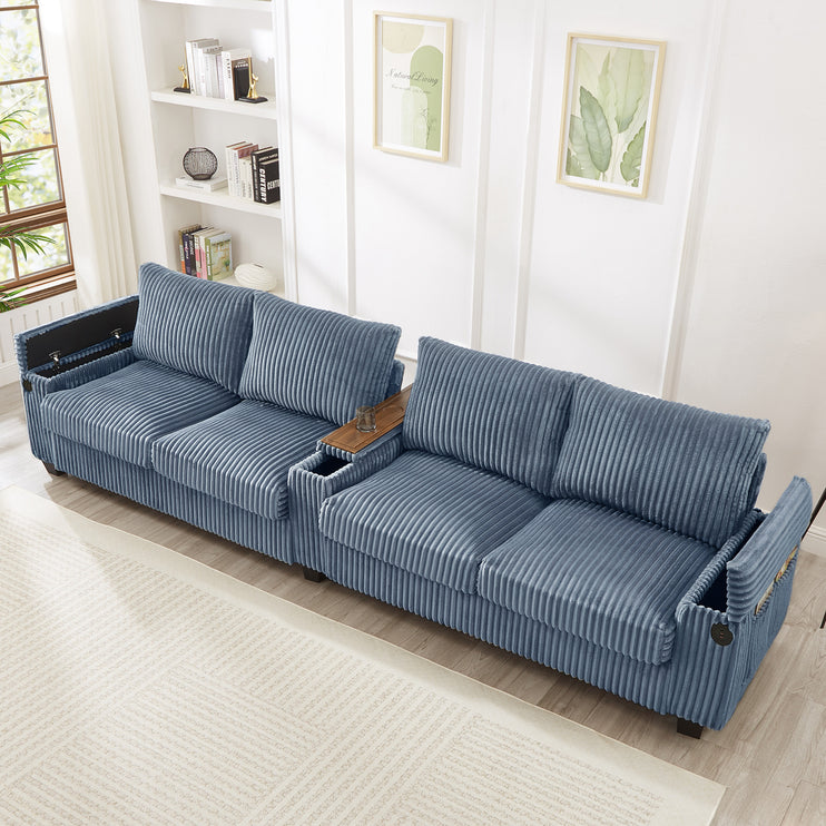 4-seater Corduroy Sofa Couch 133" Modern Sofa with USB Ports, Hidden Storage Arms, Flip-Top Cup Holders for Living Room, Blue